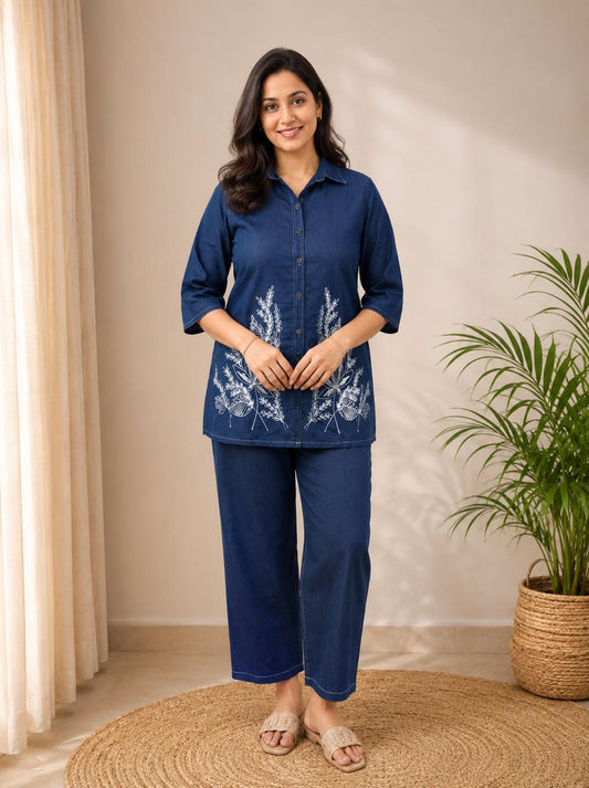 Indigo Denim Embroidered Co-ord
