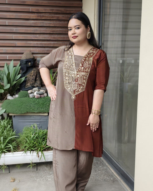 Noor Sitara Kurta Set - front view of the dual-tone rust and mocha satin kurta with gold embroidered yoke and matching palazzos