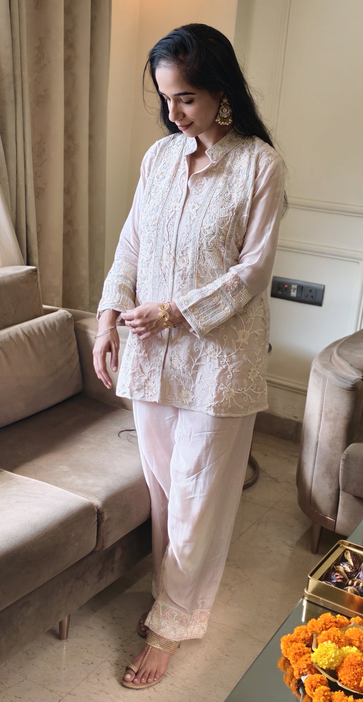 Model wearing the Sadaf Chikankari Co-ord — blush embroidered shirt with matching straight-leg pants, full length