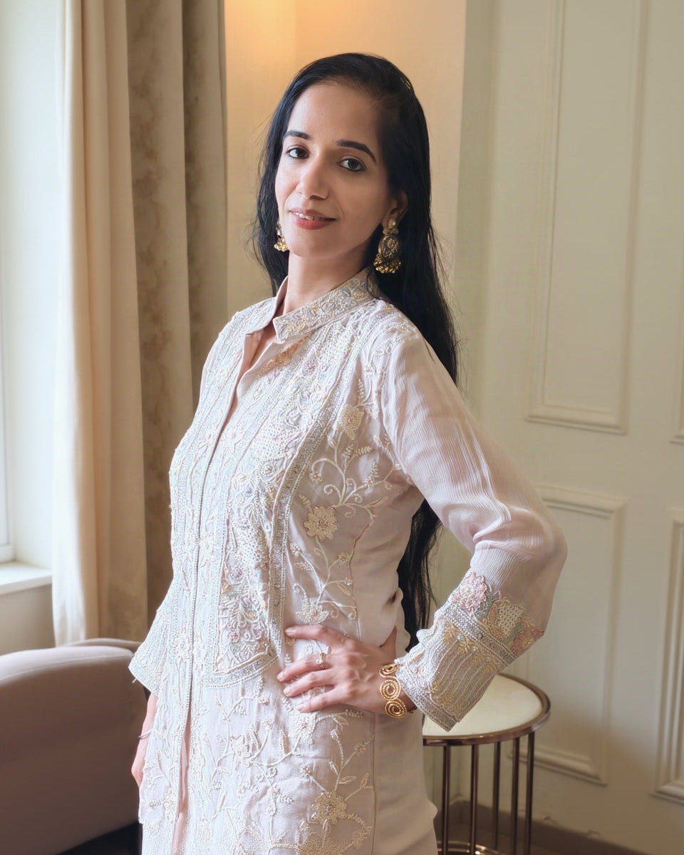 Sadaf Chikankari Co-ord shown from the side, showing the ivory thread embroidery across the front