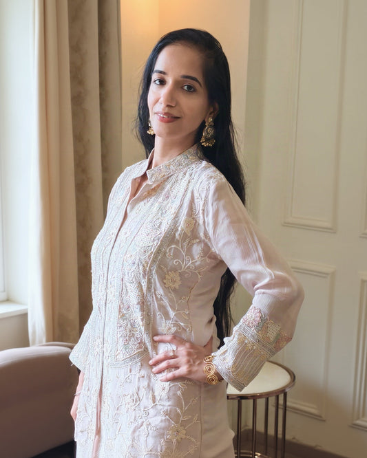 Sadaf Chikankari Co-ord shown from the side, showing the ivory thread embroidery across the front