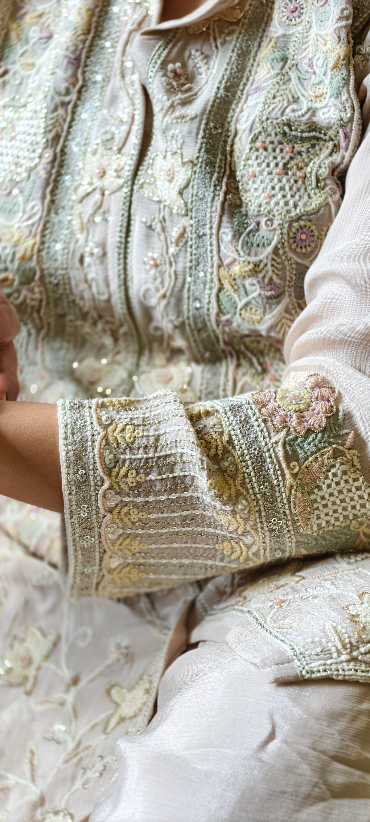 Detail of the pearl and pastel thread embroidery and jaali panels on the Sadaf Chikankari Co-ord