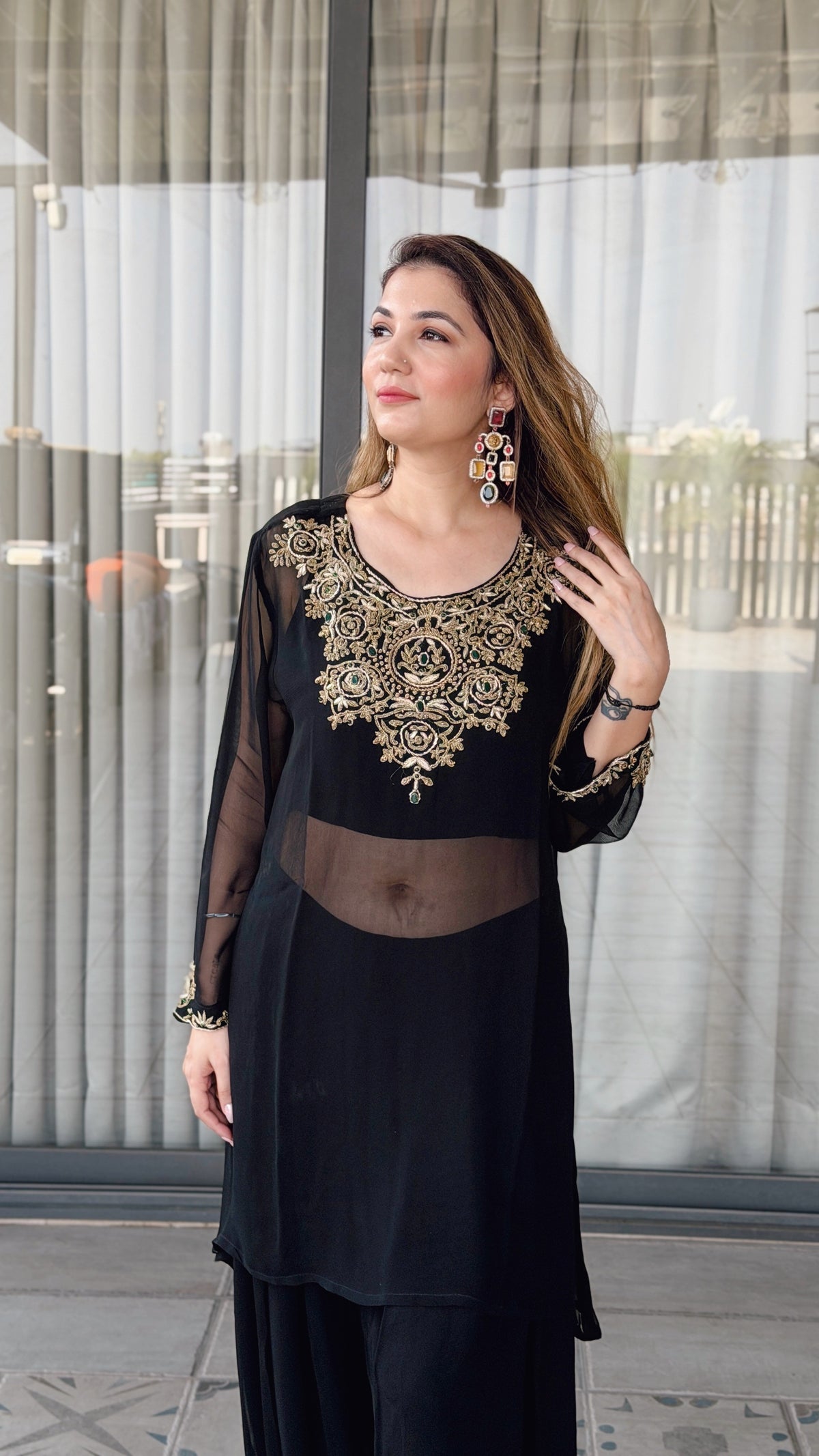 Syaahi Kundan Kaftan - close-up of gold zardozi and kundan neckline embroidery