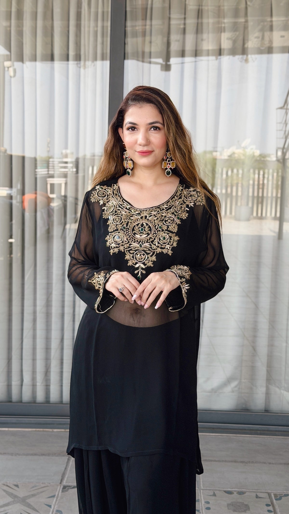 Syaahi Kundan Kaftan - front close-up of embroidered yoke and sleeve cuffs