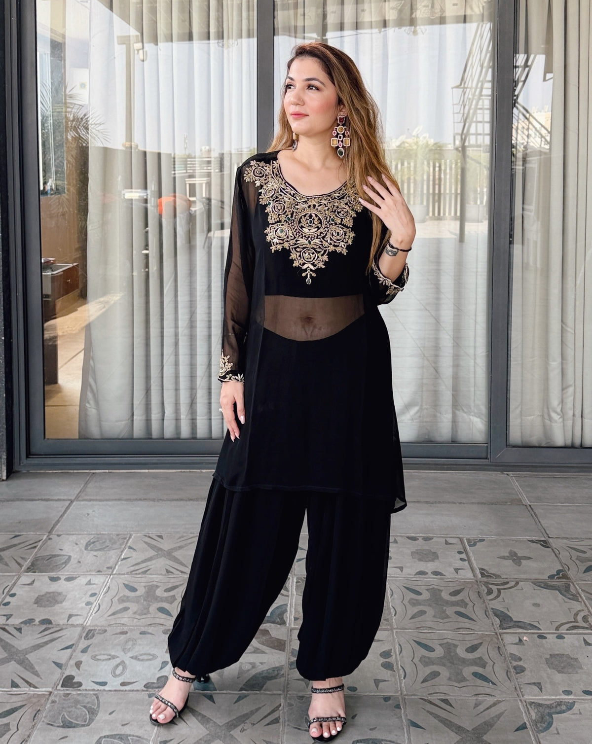 Syaahi Kundan Kaftan - full-length angled view showing sheer drape and embroidered cuffs